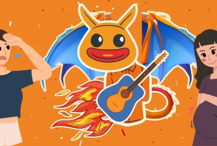 Cartoon illustration featuring a large, orange, dragon-like character, the Pokémon Charizard, with wings and flames, playing a blue guitar, with figures on either side.