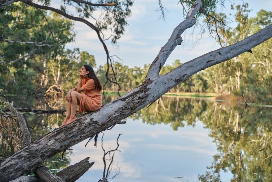 A woman sits on a large tree trunk that extends over a calm river, surrounded by a forest of trees, with reflections visible in the water. 
