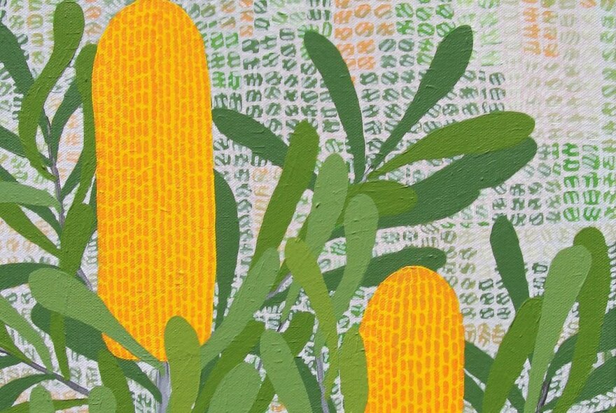 Acrylic painting of golden coloured banksia flowers with green sawtooth leaves.