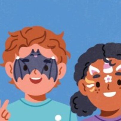 Cartoon style illustration of children with painted faces, against a blue background.