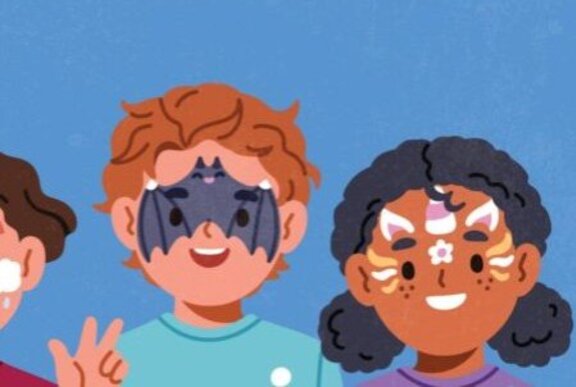 Cartoon style illustration of children with painted faces, against a blue background.