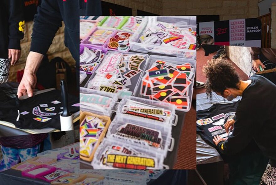 A 'Gammin Threads' workshop where people are customising black t-shirts with various colourful stickers and patches.
