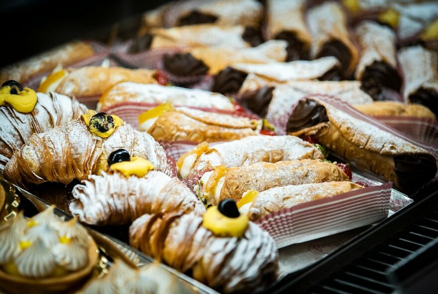 Trays of Italian cakes and pastries.