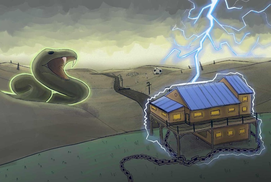 A huge snake baring its fangs at an outback house being struck by lightning.