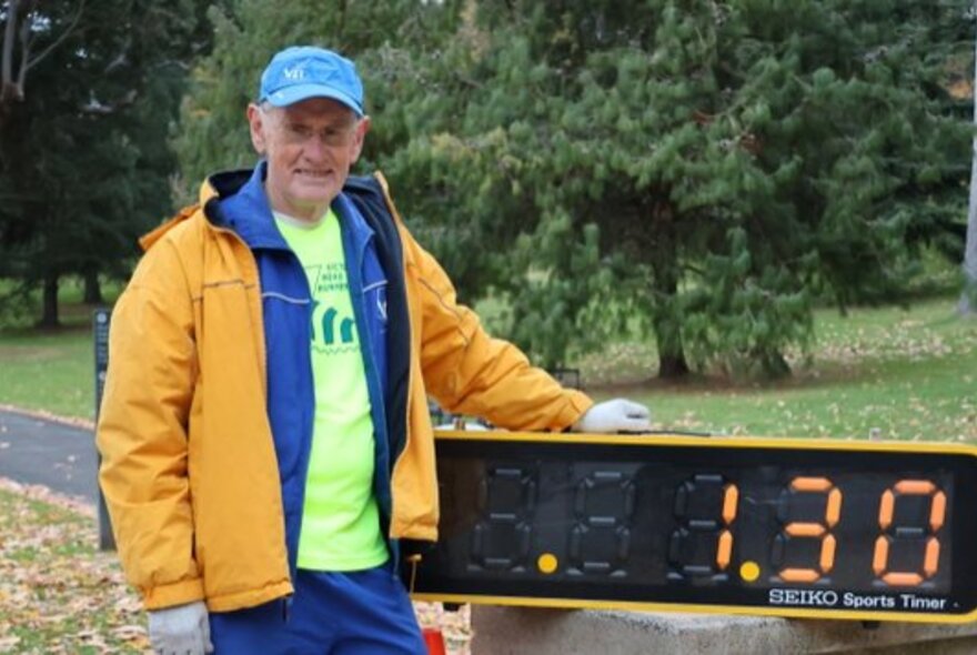 Man wearing bright jackets and cap next to a large digital timer.