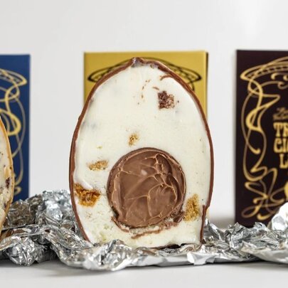 A gelato cake in the shape of a giant egg