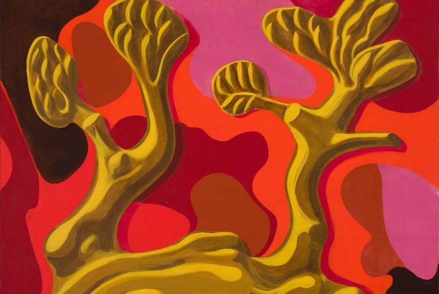 Modern painting resembling a landscape, in shades of yellow, red, pink and orange. 