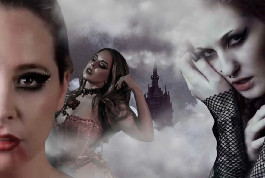 Faces and torsos of burlesque performers set against a fog filled background that includes a castle.