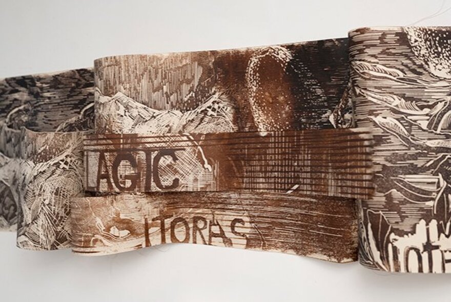 Exhibition piece of artwork on a blank wall, sepia illustrations with occasional words on an undulating surface.