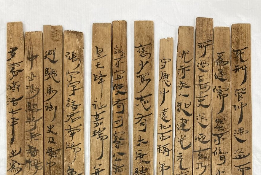 Examples of historic Chinese script written on bamboo strips.