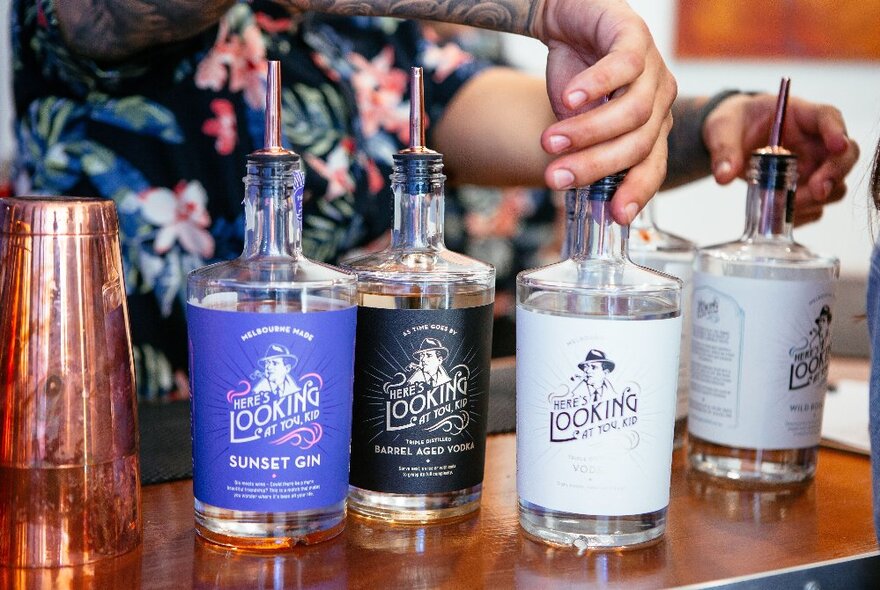 A bartender holding the neck of a clear spirit bottle with white lable which is on the bar alongside three other clear spirit bottles and an upturned cocktail shaker.