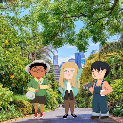 Three cartoon kids in a a real park setting. 
