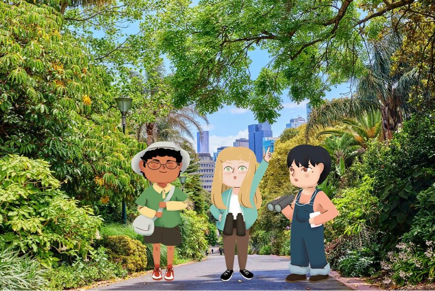 Three cartoon kids in a a real park setting. 