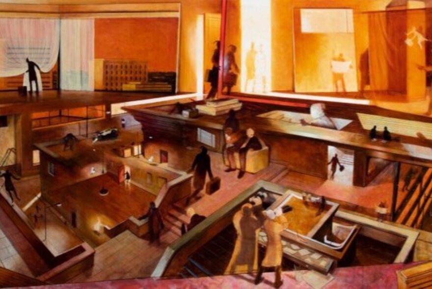 Figurative oil painting of an interior, in shades of brown, orange and yellow.