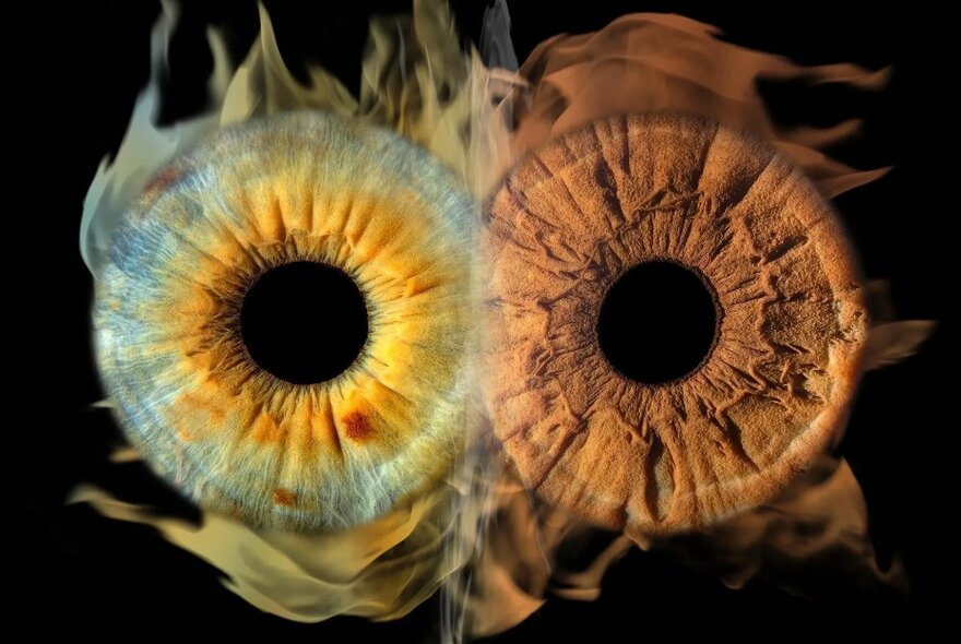 An image of two different irises (coloured parts of the eye) next to each other on a black background, with what looks like coloured smoke coming from each.