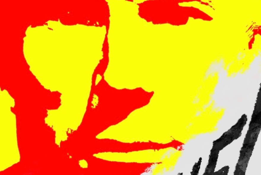 An illustration featuring a stylized face in bold red and yellow colours.