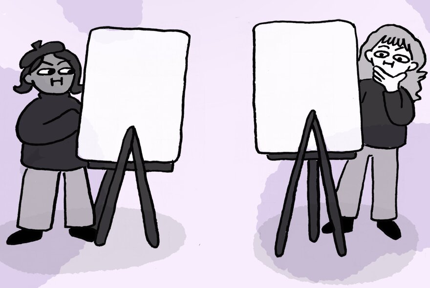 A cartoon style drawing of two people standing behind art easels drawing on a large white piece of paper.