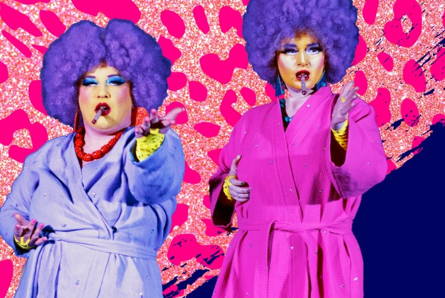 Bingo comperes dressed in drag with purple wigs, dressing gowns and cigarettes.