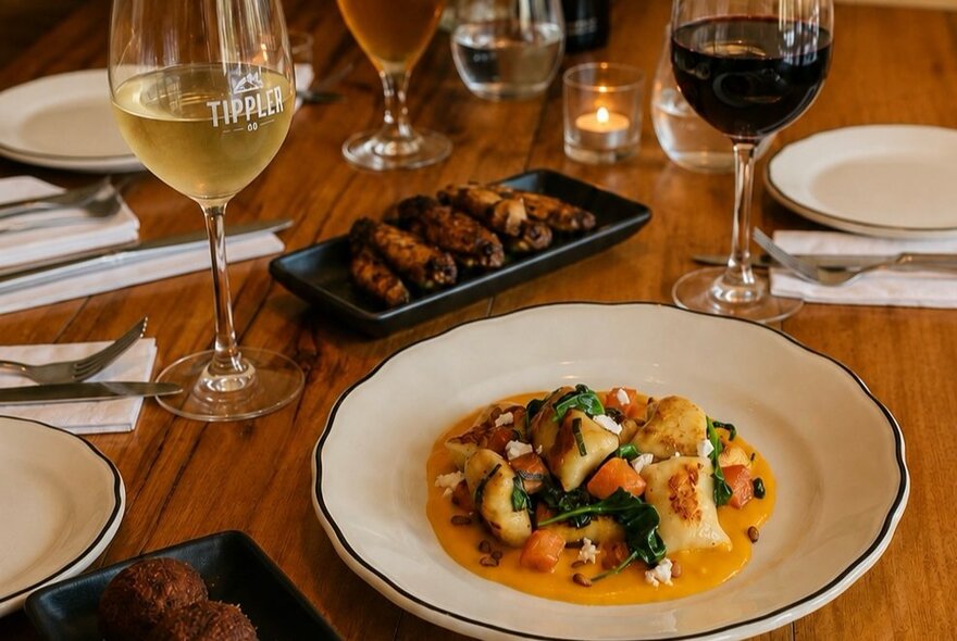 Plates of food with glasses of wine on a wooden table set for a meal.