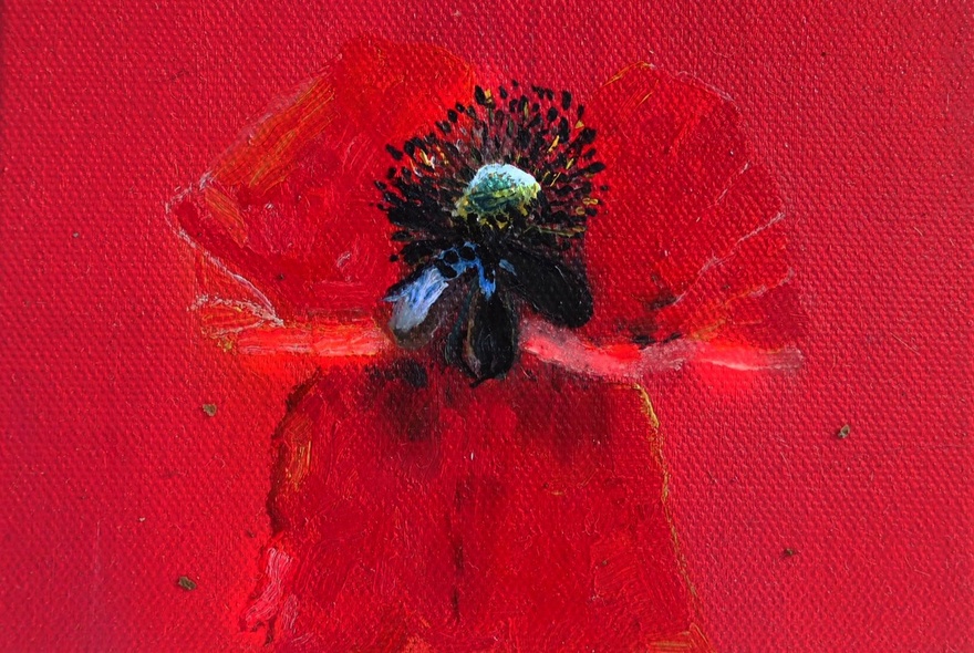 Oil painting detail a of red poppy flower with dark centre, against a red background.