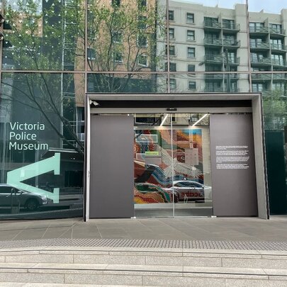 The glass-panelled entrance to the Victorian Police Museum.