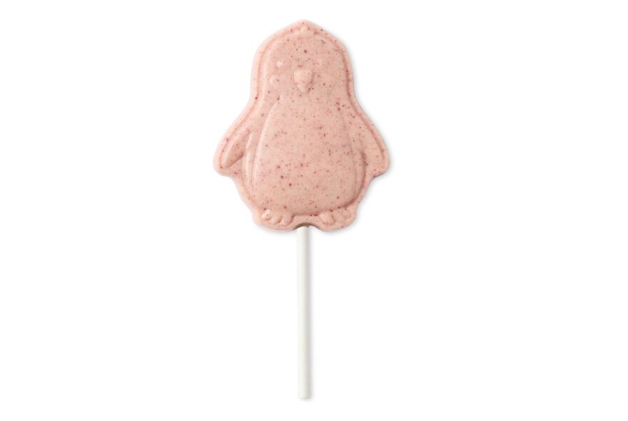 A penguin shaped strawberry white chocolate lollipop