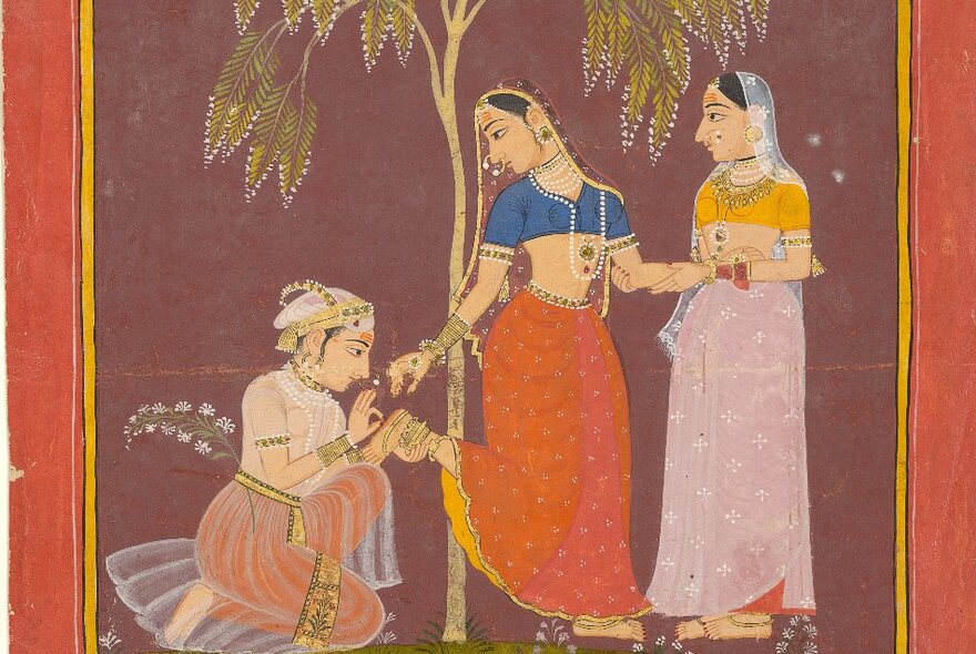 An old Indian print of two woman and a servant under a tree. 