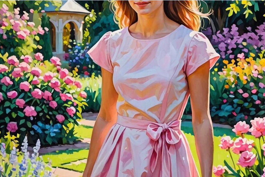 Detail of a painting of a woman wearing a pink dress with sash, standing in a garden filled with flowers.