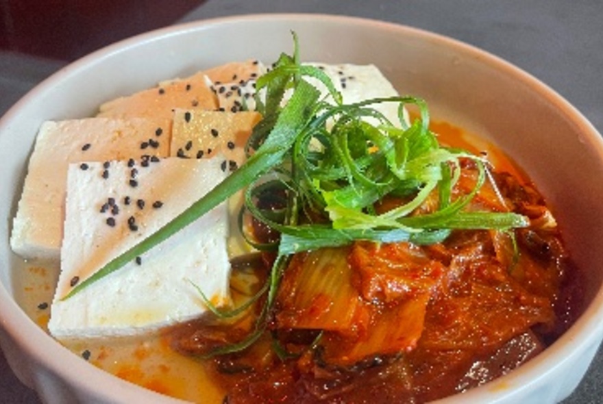 A Korean dish of tofu and kimchi.