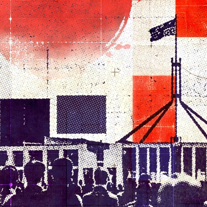 A stylized graphic illustration of a crowd gathered in front of the Australian Parliament House in Canberra under a large red circle and abstract block patterns.