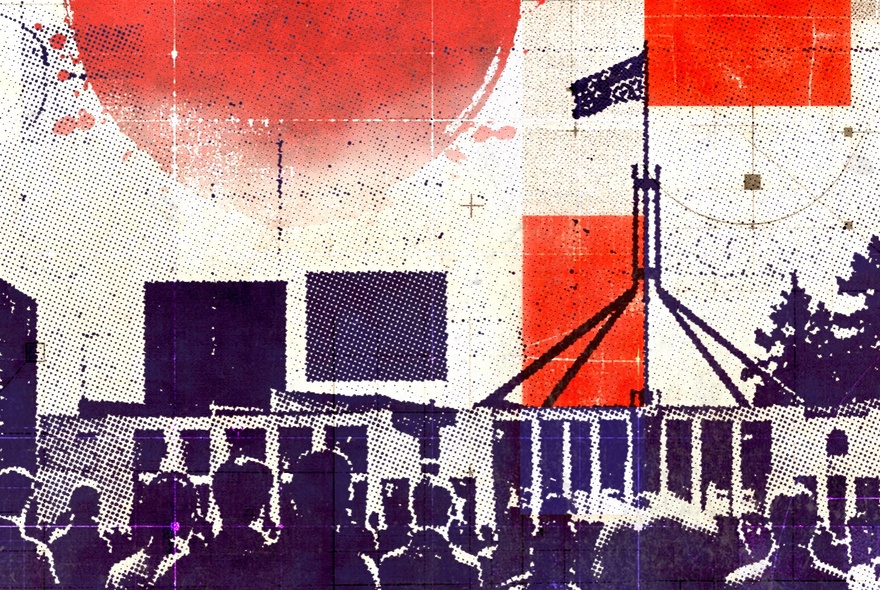 A stylized graphic illustration of a crowd gathered in front of the Australian Parliament House in Canberra under a large red circle and abstract block patterns.
