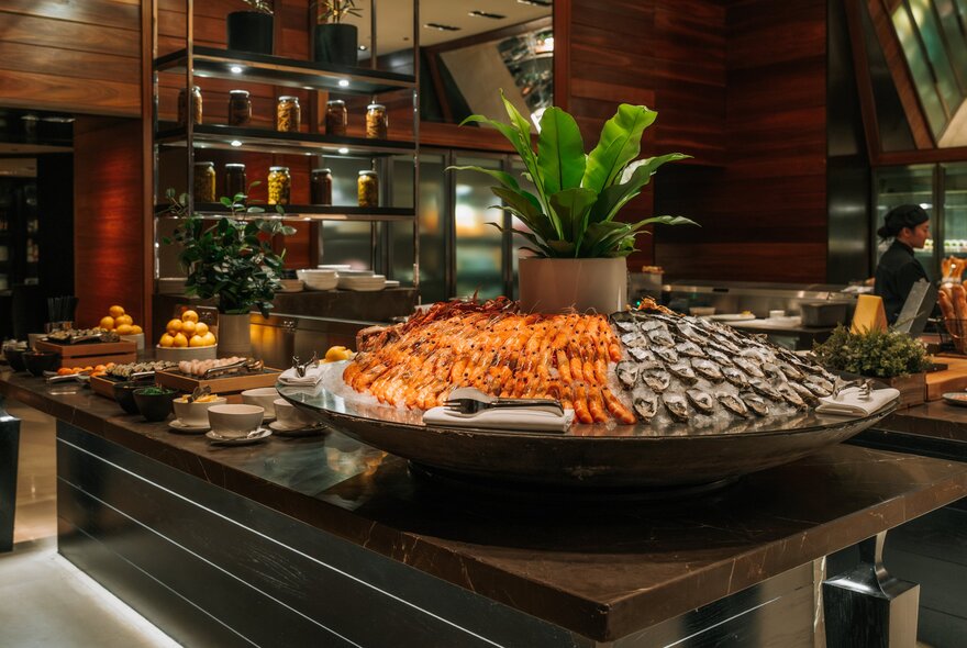 A hotel buffet featuring a huge plate with prawns and oysters with a plant as a centrepiece.