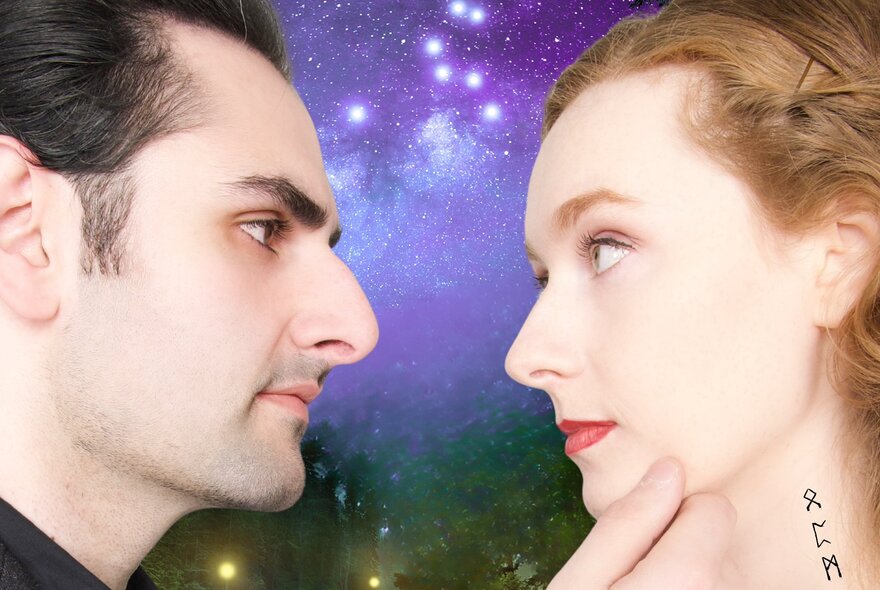 Man and woman gazing at one another, with stars in the background, the male touching the woman's chin.