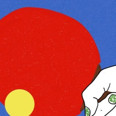 Drawing of a hand holding a ping-pong bat with yellow ball.