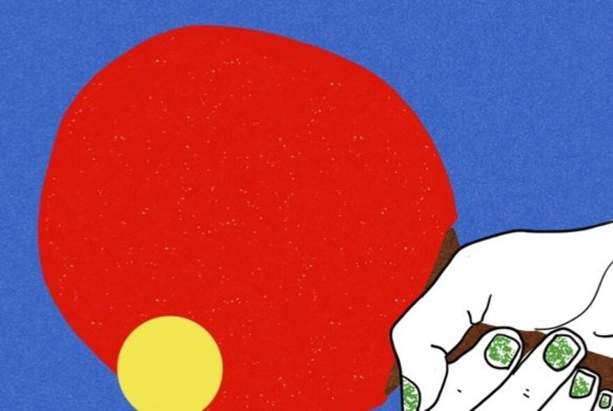Drawing of a hand holding a ping-pong bat with yellow ball.