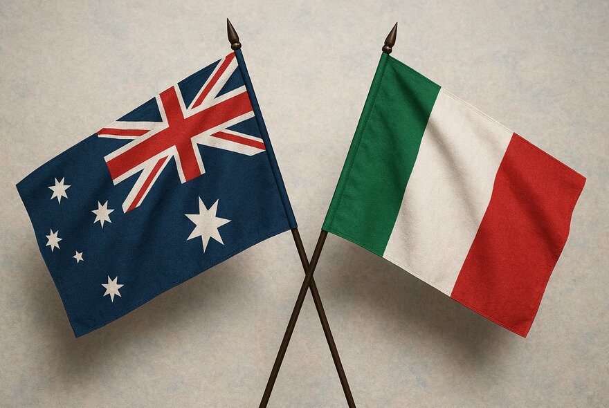 A small Italian and Australian flag side-by-side against a white background.