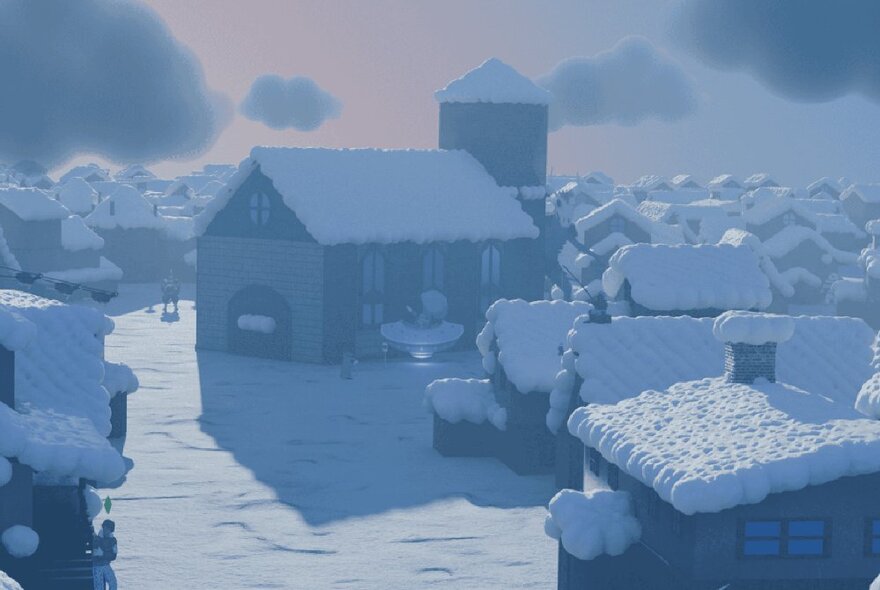 Zine image of houses and village buildings in a snowy landscape.