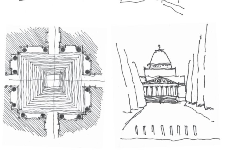 Pen drawings of architectural sites and buildings from a book.