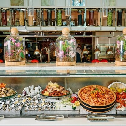 A cold seafood buffet selection.
