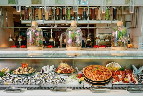 A cold seafood buffet selection.