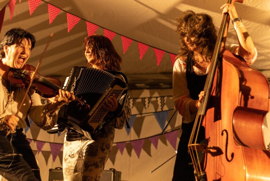 Musical trio Vardos, smiling and playing their instruments, with strings of colourful bunting behind them.