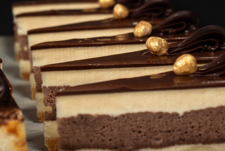 Looking down a line-up of identical wedges of layered cake, each with a golden hazelnut on top. 