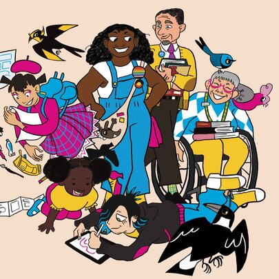 A cartoon image of a cross-section of people in colourful clothing, all doing something related to comic books and magazines.