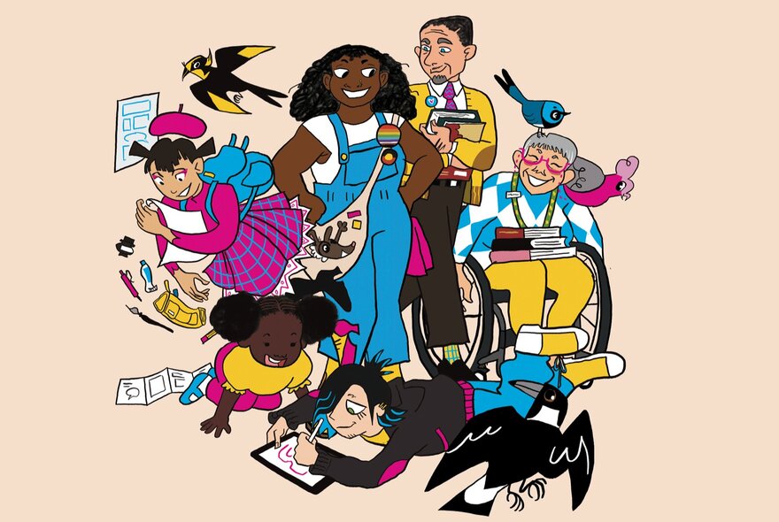 A cartoon image of a cross-section of people in colourful clothing, all doing something related to comic books and magazines.