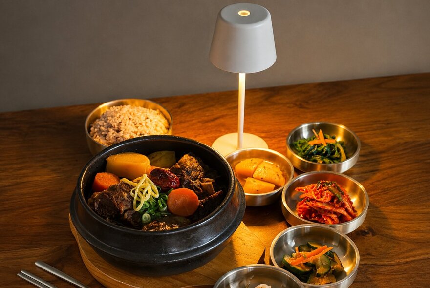 An authentic Korean hot pot in a dark brown ceramic dish, with rice on the side and three small side dishes, on a wooden table.