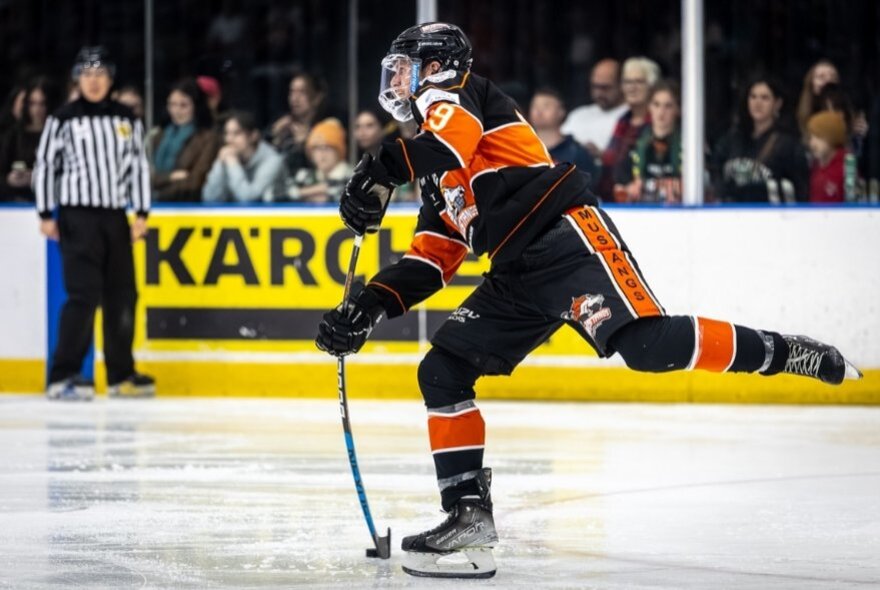 An ice hockey player in black and orange skating on an ice hockey rink; referee in the background.