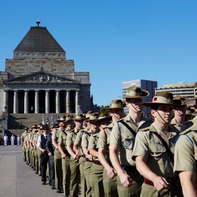 A troop of Australian soldiers in formation outside the Shrine of Remembrance.