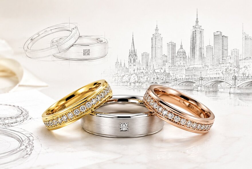 A set of wedding bands in rose gold, yellow gold, and platinum featuring diamond embellishments, against a faint line drawing of the Melbourne city skyline.