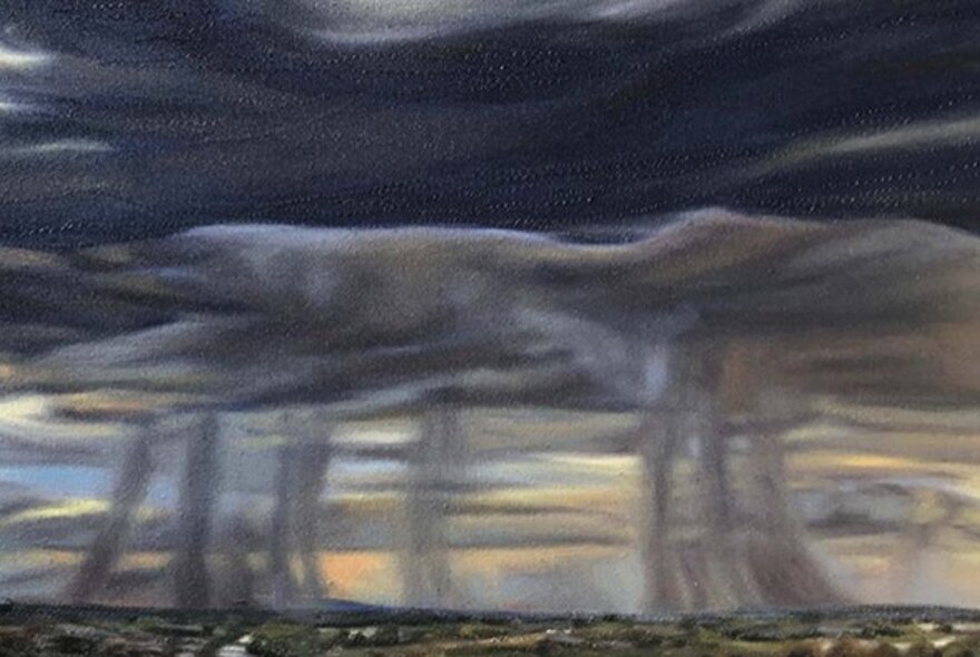 Oil painting of grey storm and rain clouds over a landscape.