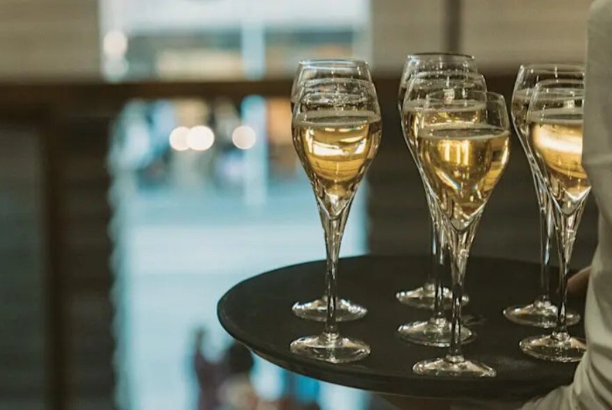 Tray of glasses of sparkling wine with blurred background.